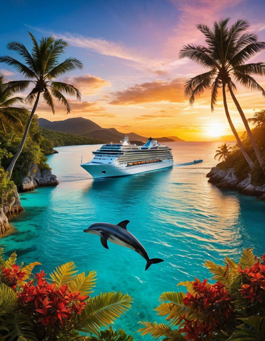 A vibrant cruise ship sailing through crystal-clear turquoise waters, surrounded by tropical islands, with palm trees swaying in the breeze. Add a colorful sunset in the background, casting warm hues across the sky. Include playful dolphins jumping near the ship, depicting a sense of adventure and excitement. Emphasize a travel guidebook with tips and cruise booking websites laid out on a sun lounge chair. super-realistic. vibrant colors. tropical theme.