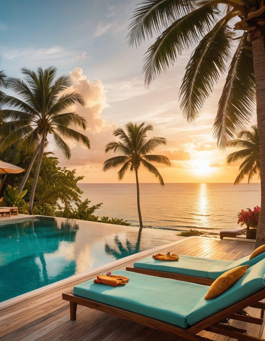 A luxurious cruise ship sailing through crystal-clear turquoise waters, with sun loungers on the deck and elegantly dressed guests enjoying cocktails. In the foreground, a serene hammock between palm trees sways gently, while in the background, a stunning sunset casts warm colors across the sky. The scene captures the essence of relaxation and adventure, combining luxury and natural beauty. super-realistic. vibrant colors. 3D.