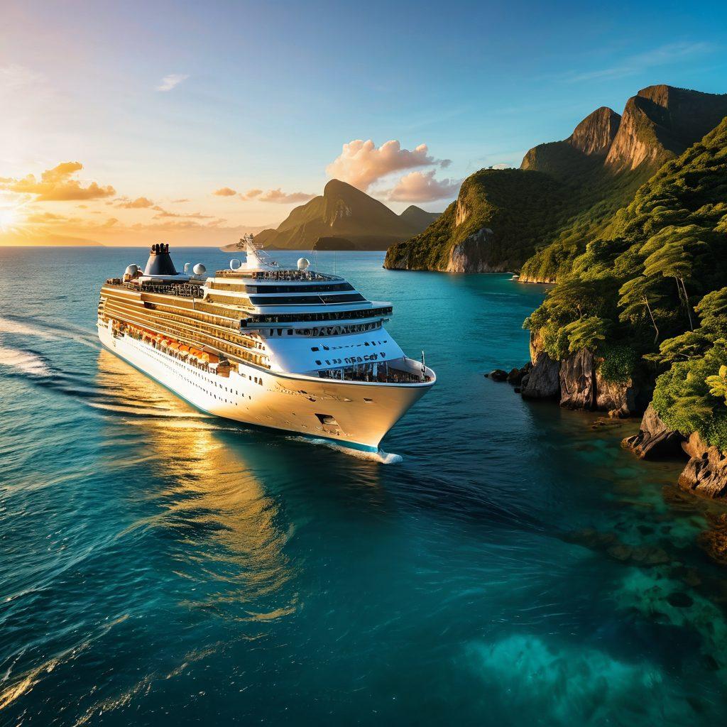 A majestic cruise ship sailing through breathtaking turquoise waters, surrounded by stunning tropical islands and lush greenery. Include adventurous passengers enjoying various activities on deck, like sunbathing, swimming, and dining, as the sun sets in the background, casting a golden hue. Vibrant marine life can be glimpsed below the surface. super-realistic. vibrant colors. cinematic style.